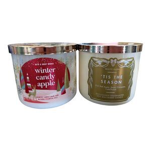 BATH & BODY WORKS 3 WICK WINTER CANDY APPLE & TIS THE SEASON CANDLE SET 14.5OZ